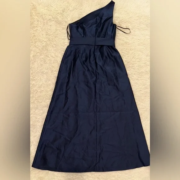 NEW ALFRED SUNG D815 DRAPED ONE-SHOULDER SATIN MAXI DRESS POCKETS NAVY sz 14 - Picture 3 of 6